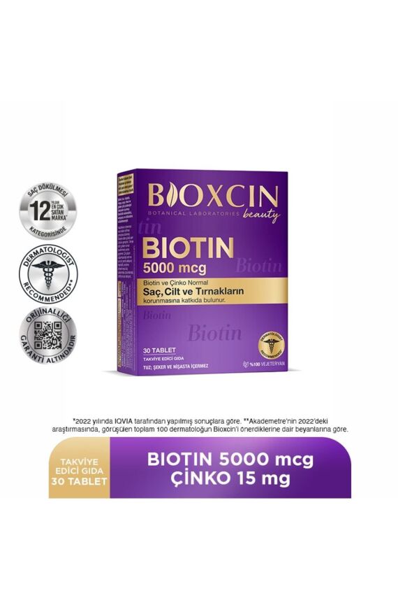 Bioxcin Biotin 5.000 Mcg 30 Tablet - Biotin Çinko 15 Mg Saç Ve Tırnak Vitamini - 1