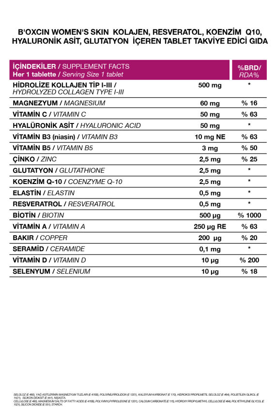 Bioxcin Women's Skin 30 Tbl - Glutatyon, Elastin, Biotin, Çinko, Kolajen, Hya Asit, Magnezyum, Cilt Vitamini - 4