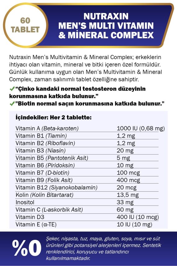 Nutraxin Men's Multi Vitamin Ve Mineraller Içeren Complex Takviye Gıda 60 Tablet - 2