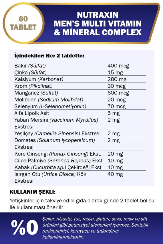 Nutraxin Men's Multi Vitamin Ve Mineraller Içeren Complex Takviye Gıda 60 Tablet - 3