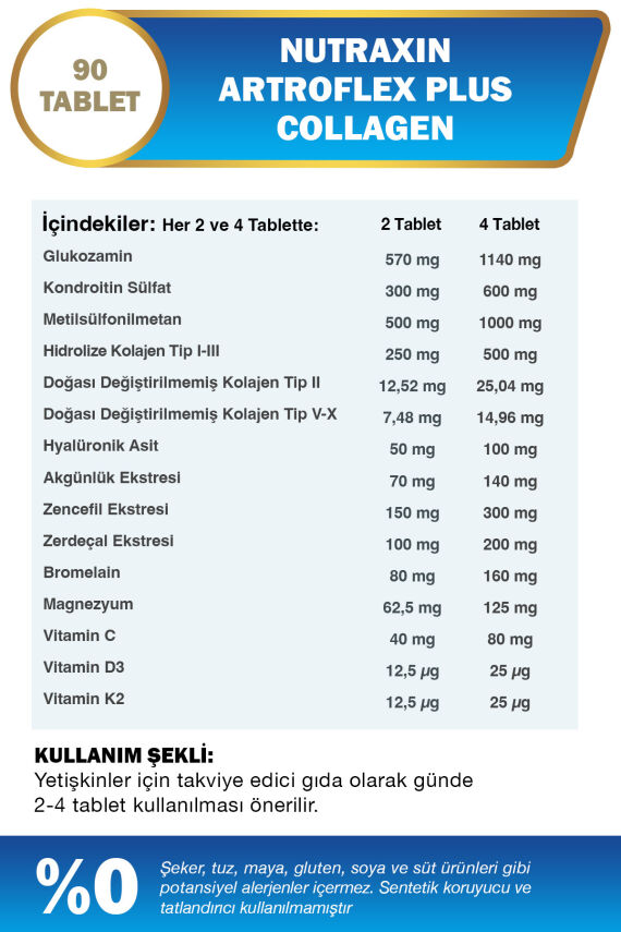 Nutraxin Artroflex Plus Collagen Tip 1 2 3 5 10 90 Tbl Magnezyum Bromelain Yumurta Kabuğu Glukozamin Msm - 4