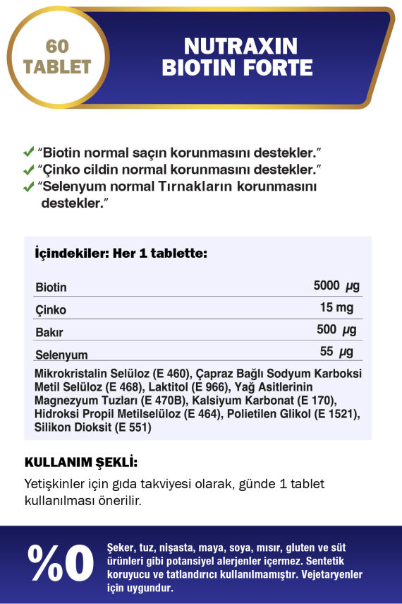 Nutraxin Biotin Forte 5.000 Mcg 60 Tbl - Biyotin, Çinko, Selenyum, Bakır - 3