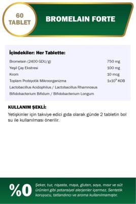 Nutraxin Bromelain Forte 750 mg 60 Tablet Krom Yeşilçay Probiyotik - 2