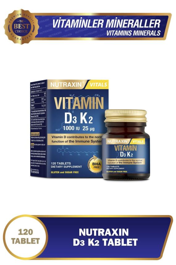Nutraxin D3K2 120 Tablet - 1000 IU D3 vitamini, 25 mcg K2 vitamini - 1