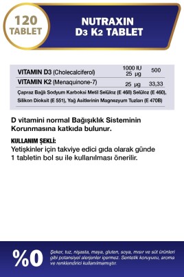 Nutraxin D3K2 120 Tablet - 1000 IU D3 vitamini, 25 mcg K2 vitamini - 2