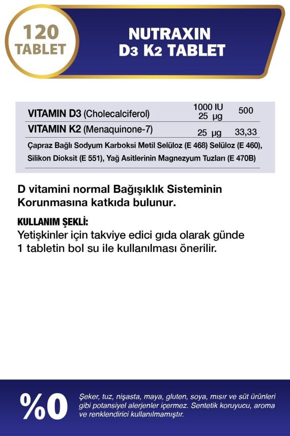 Nutraxin D3K2 120 Tablet - 1000 IU D3 vitamini, 25 mcg K2 vitamini - 2