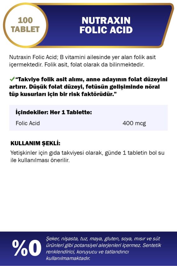 Nutraxin Folic Acid 400 Mcg 100 Tablet - 2