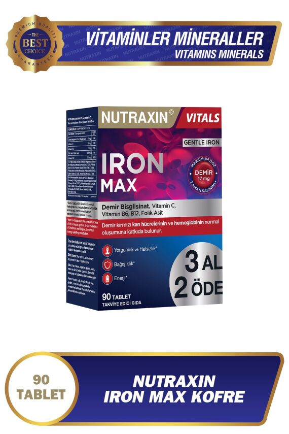 Nutraxin Iron Max 17 Mg 90 Tablet Avantajlı Paket - Gentle Iron, Vitamin C, B12, B6, 3 Aylık Kullanım - 1
