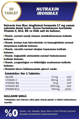 Nutraxin Iron Max Demir, Vitamin C, Vitamin B12 Içeren Takviye Edici Gıda 30 Tablet - 2