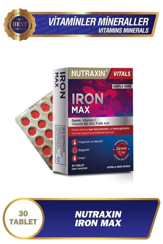 Nutraxin Iron Max Demir, Vitamin C, Vitamin B12 Içeren Takviye Edici Gıda 30 Tablet - 1