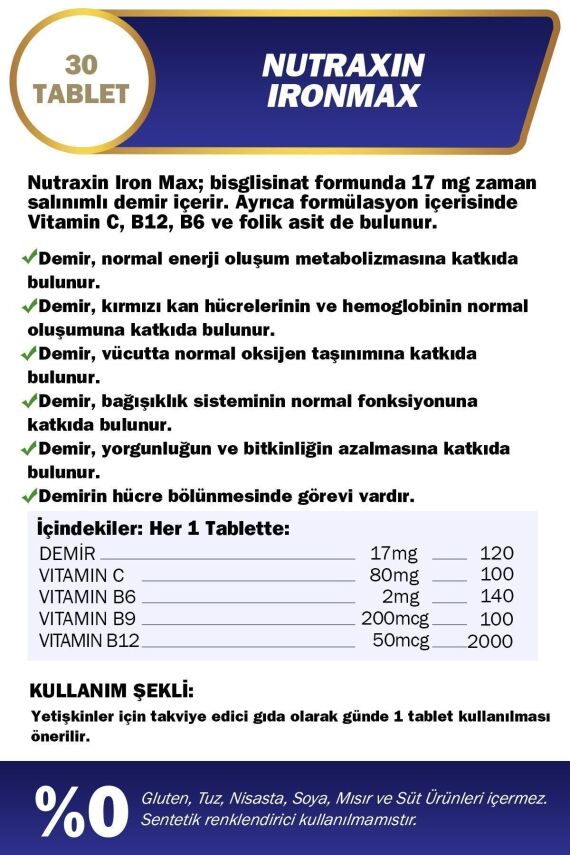 Nutraxin Iron Max Demir, Vitamin C, Vitamin B12 Içeren Takviye Edici Gıda 30 Tablet - 2