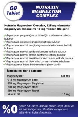 Nutraxin Magnezyum Complex 60 Tablet 125 Mg - Bisiglinat - Taurat - Malat - Sitrat - B6 - 2