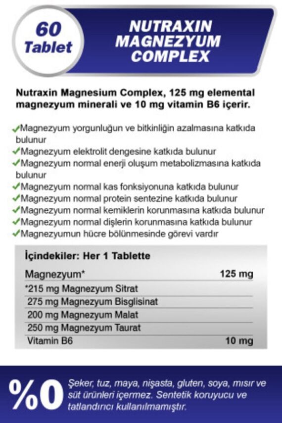 Nutraxin Magnezyum Complex 60 Tablet 125 Mg - Bisiglinat - Taurat - Malat - Sitrat - B6 - 2