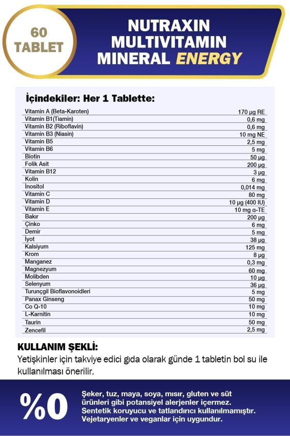 Nutraxin Multivitamin Mineral Energy Complex 60 Tbl - Magnezyum, Taurin, Kolin, Panax Ginseng, Q10 - 2