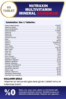 Nutraxin Multivitamin Mineral Immune Complex 60 Tbl - Magnezyum, C, D, Zinc, Demir, B12, Kolin, İyot - 2