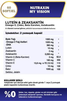 Nutraxin My Vision Eyes Vitamin 60 Soft Jel - Lutein, Zeaxanthin, Omega3, Çinko, Astaksantin, Beta Karoten - 3
