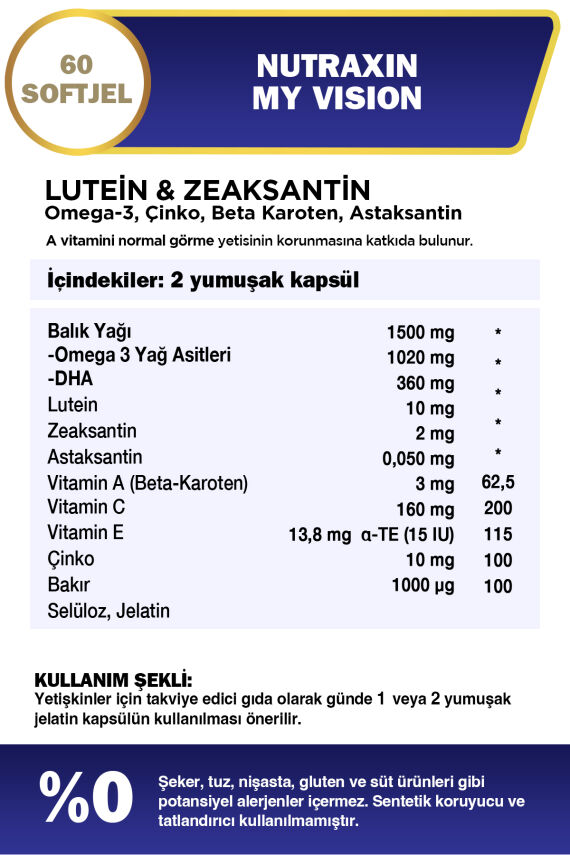 Nutraxin My Vision Eyes Vitamin 60 Soft Jel - Lutein, Zeaxanthin, Omega3, Çinko, Astaksantin, Beta Karoten - 3