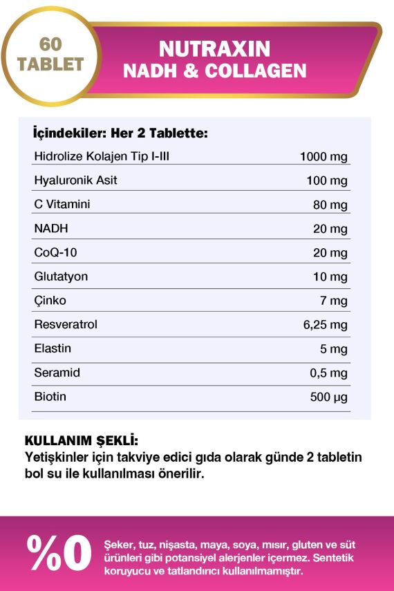 Nutraxin Nadh Collagen 60 Tablet Tip1 Tip3 Hyaluronik Asit, Elastin, Seramid, Resveratrol Glutatyon - 4