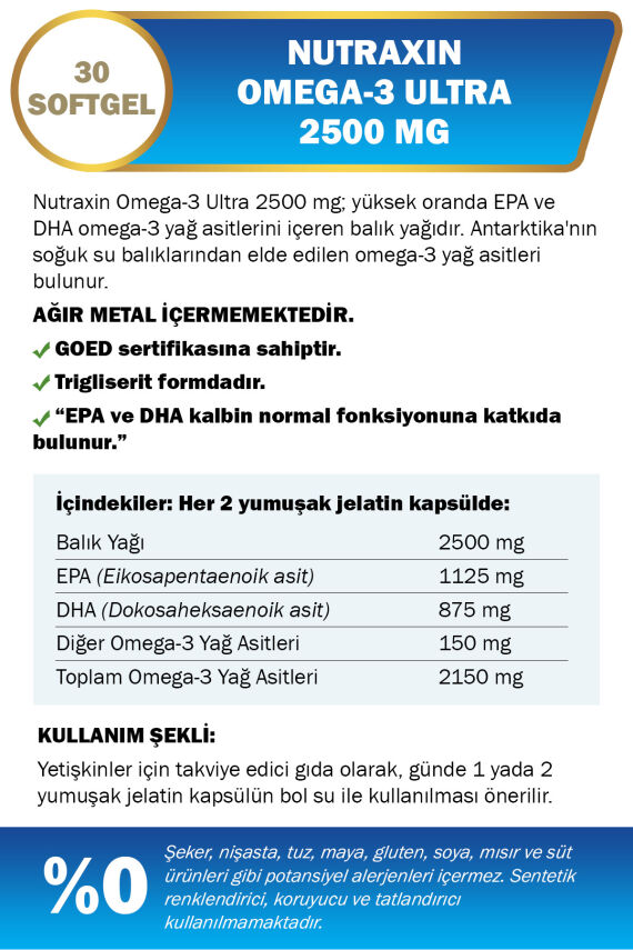 Nutraxin Omega3 Ultra 2500 Mg 30 Softjel - Balık Yağı, EPA 1125, DHA 875 Mg - 2