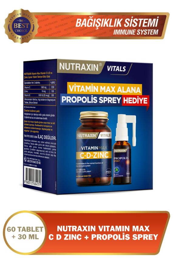 Nutraxin Vitamin Max C D Zinc 1.000 Mg 60 Tablet Zaman Salınımlı - Propolis Sprey Hediye - 1