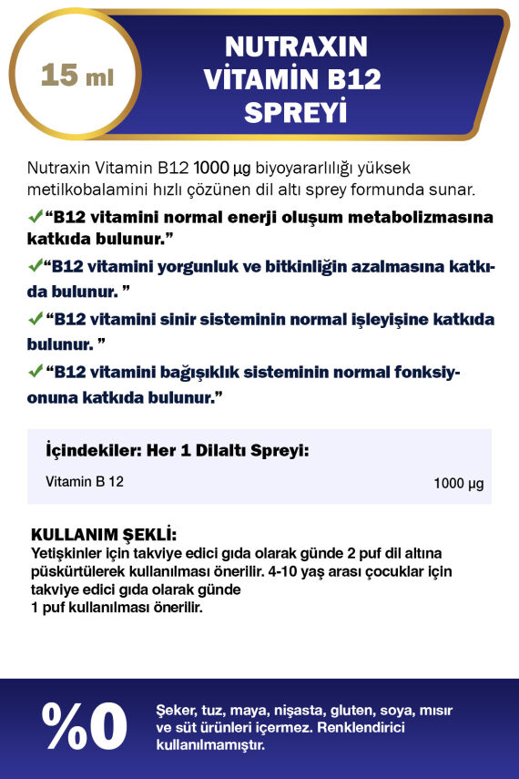 Vitamin B12 Sprey 15 ml – Metilkobalamin Formlu, Vegan, Hızlı Emilim Takviyesi - 2